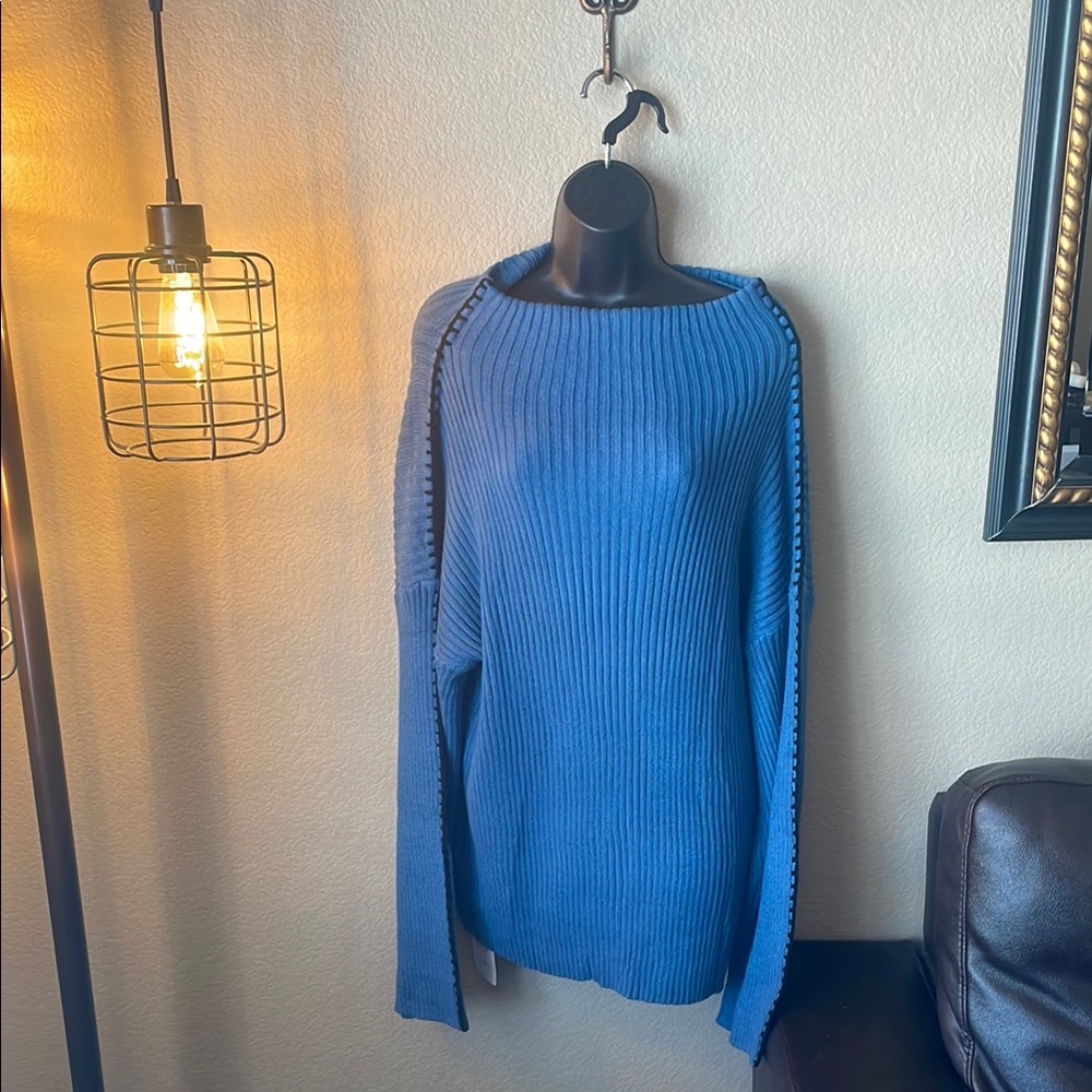 KIRUNDO Women's Mock Neck Long Sleeve Ribbed Knit Contrast Stitching Sweater L